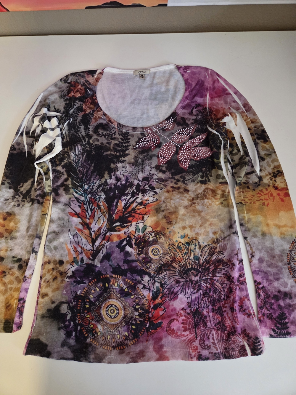 Cache Pink Purple Multi Floral-Print Long Sleeve Top